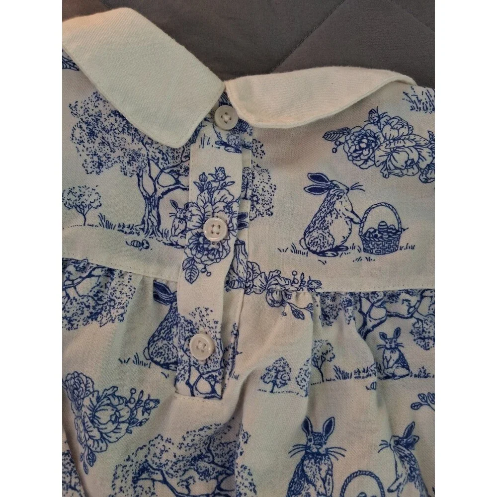 Gymboree Girls XS (4) White/Blue Bunny Toile Shirt Dress Collared Long Sleeve